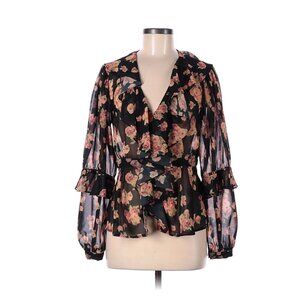 Topshop Black Floral Print Ruffle V Neck Women's Blouse Long Puff Sleeve Size 6